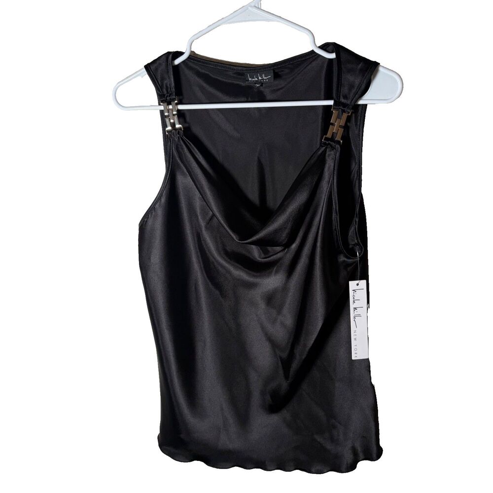 Nicole Miller Tank Top Women’s Medium Cowl Neck Black Sleeveless Satin NWT